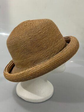 Scala Natural Woven Straw Bowler Hat One Size 22 1/4 inch Rolled Brim Vintage